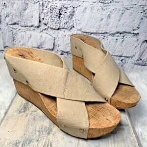 LUCKY BRAND Miller 2 Cork Wedge Heel Canvas Stretch Strap Sandals, Women's 8